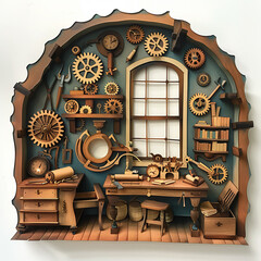 A whimsical paper cut of a clockmaker’s workshop with gears, pendulums, and workbenches, warm wood and brass tones, intricate clockwork detailswatercolor illustrations