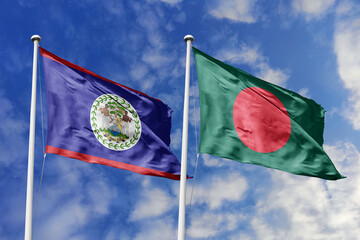 3d illustration. Belize and Bangladesh Flag waving in sky. High detailed waving flag. 3D render....