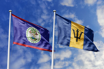 3d illustration. Belize and Barbados Flag waving in sky. High detailed waving flag. 3D render....