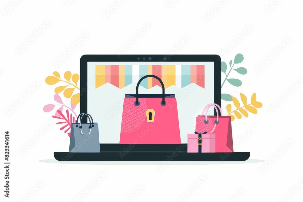 Poster secure e commerce shopping with advanced digital protection, featuring a locked laptop storefront an