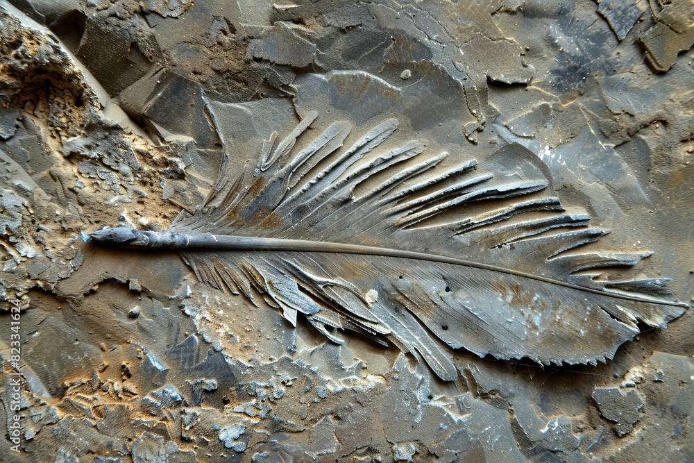 Poster a fossilized feather imprint provides a detailed look into prehistoric life, engraved in stone