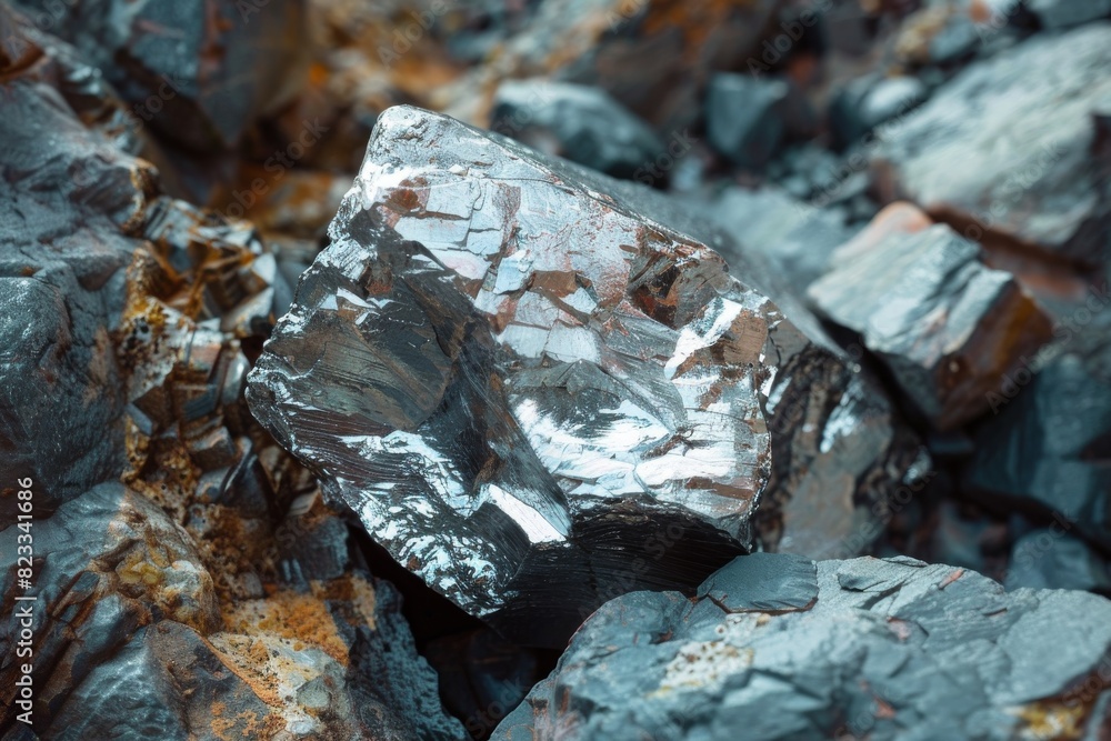 Poster the image shows a close-up view of a reflective mineral surface among various rocks, highlighting te