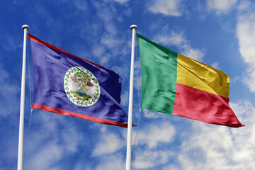 3d illustration. Belize and Benin Flag waving in sky. High detailed waving flag. 3D render. Waving...