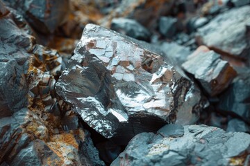 The image shows a close-up view of a reflective mineral surface among various rocks, highlighting textures and colors