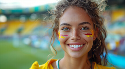 Happy football fan woman on stadium, created with Generative AI technology