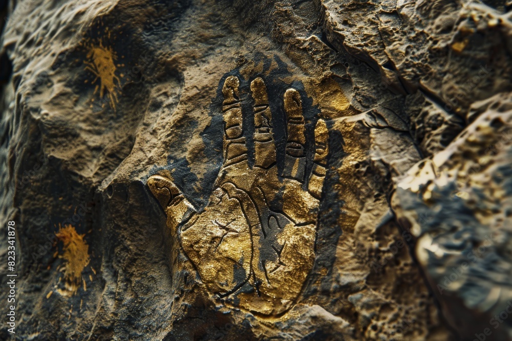 Poster An intriguing golden handprint embedded within a rugged rock surface, creating a sense of historical discovery
