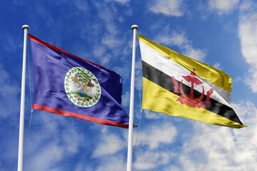 3d illustration. Belize and Brunei Flag waving in sky. High detailed waving flag. 3D render. Waving...