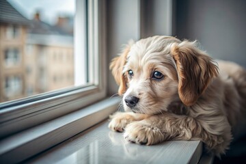 Leaving the animal alone at home. A sad little puppy looks out the window and waits for its owner.