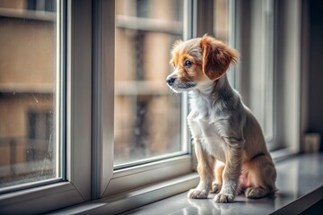 Leaving the animal alone at home. A sad little puppy looks out the window and waits for its owner.