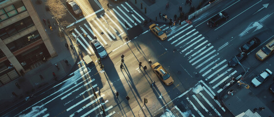 Fototapeta premium Aerial view of city streets with stark shadows and pedestrians, illustrating urban geometry.