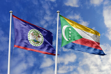 3d illustration. Belize and Comoros  Flag waving in sky. High detailed waving flag. 3D render....