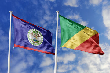 3d illustration. Belize and Republic of the Congo Flag waving in sky. High detailed waving flag. 3D...