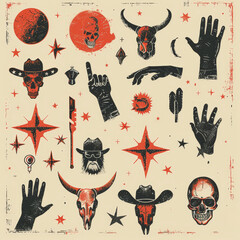 Vintage western illustrations featuring skulls, stars, hands, suns, and cowboys in a retro style with red and black colors.