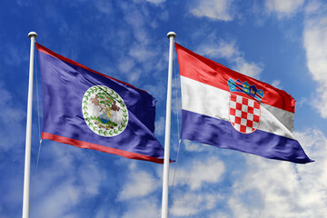 3d illustration. Belize and Croatia Flag waving in sky. High detailed waving flag. 3D render....