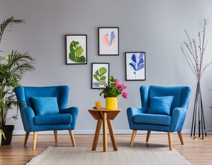 blue armchairs photo interior Real grey table flowers plants Wooden posters