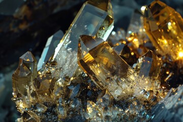 Macro shot showcasing the natural beauty of quartz crystals with their luminous reflections and transparent features against a dark backdrop