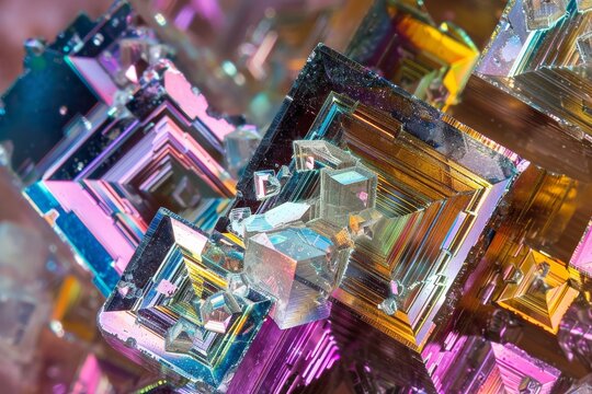This macro image captures the intricate details and vibrant iridescence of bismuth crystals with sharp edges and geometric patterns