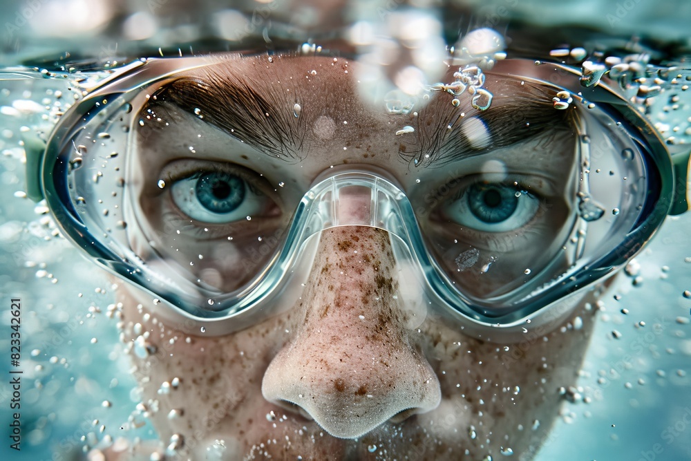 Aufkleber close-up of air bubbles in water with a blurred square in the center, creating an abstract underwate