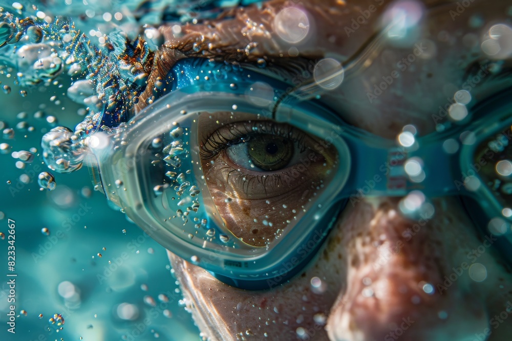Poster a dynamic display of bubbles and light refraction against a teal aquatic backdrop with a blurred squ