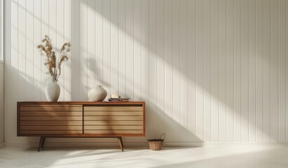 A light gray striped wallpaper wall with a wooden sideboard on the floor, creating an elegant and minimalist interior design background