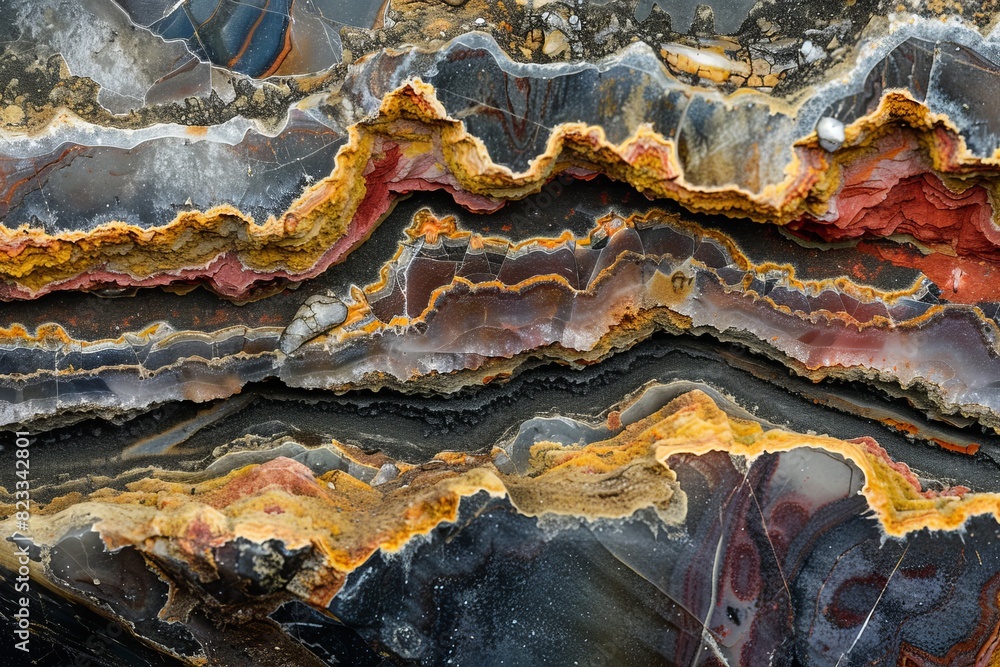 Poster a macro photo showcasing the intricate, layered banded patterns of a cross-section of agate in vario