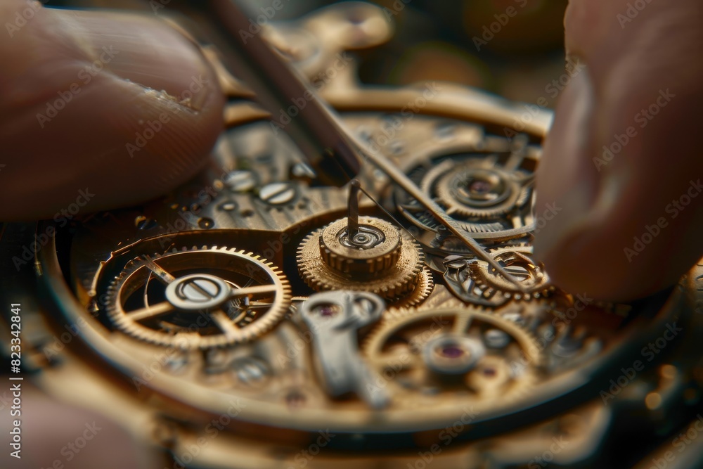Poster an expert watchmaker uses tweezers to fit tiny gears within a watch, showcasing the complexity and e