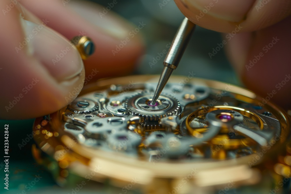Poster Macro shot of a watchmaker's detailed work on a watch shows the elegance and sophisticated technology of watch mechanics