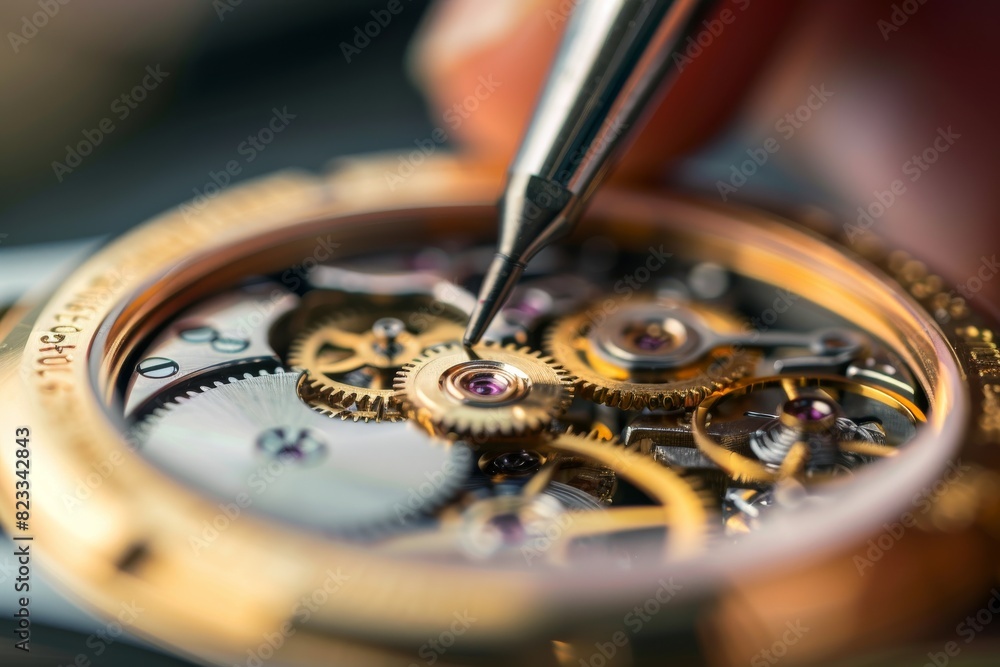 Poster Detailed image of a person's hands working on the intricate parts of a watch, highlighting precision and craftsmanship