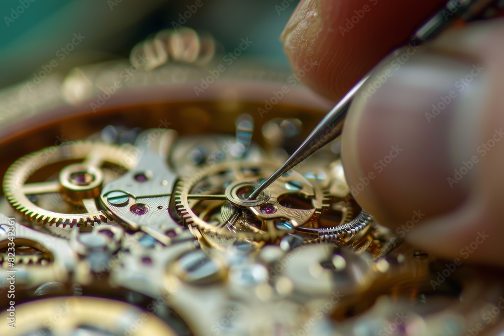 Aufkleber macro photo capturing the minute detail of watchmaking with hands and tools