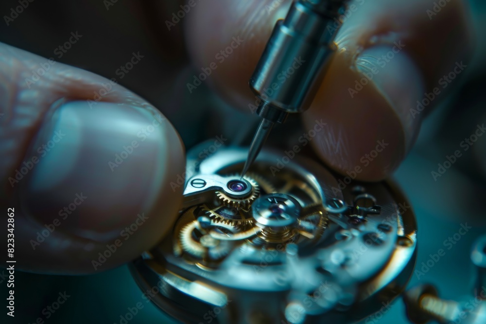Aufkleber Precise and careful work on a mechanical watch by a watchmaker, focusing on the gears and movement adjustments