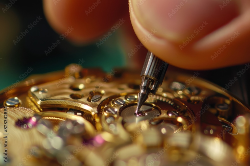 Poster A detailed macro shot capturing a watchmaker's hand using a tool on the intricate parts of a watch