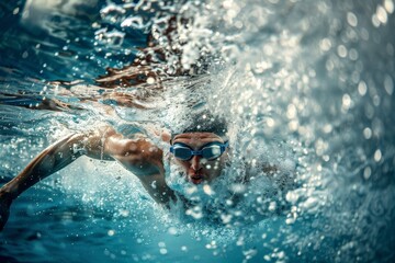 An athlete swimming freestyle in a pool, with water splashing around and a blurred area over the face