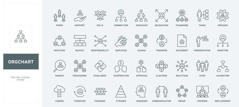 Leadership pyramid, communication between groups and teams thin black and red outline symbols, organogram vector illustration. Structure and hierarchy of corporate company, org chart line icons set