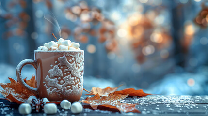 Fall harvest cornucopia. Cup of Hot apple tea for fresh start of the day,a colorful mug filled with a refreshing iced drink, a mug with hot chocolate topped with marshmallows