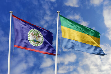 3d illustration. Belize and Gabon Flag waving in sky. High detailed waving flag. 3D render. Waving...