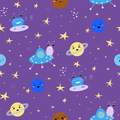Vector seamless pattern with cute space aliens or monsters, spaceships ufo, happy and angry cosmic childrens characters and planets.
