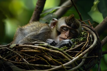 a monkey is sleeping in the nest