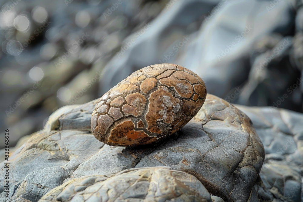 Poster a detailed image capturing a textured stone resembling an egg rested on a rocky surface highlighted 