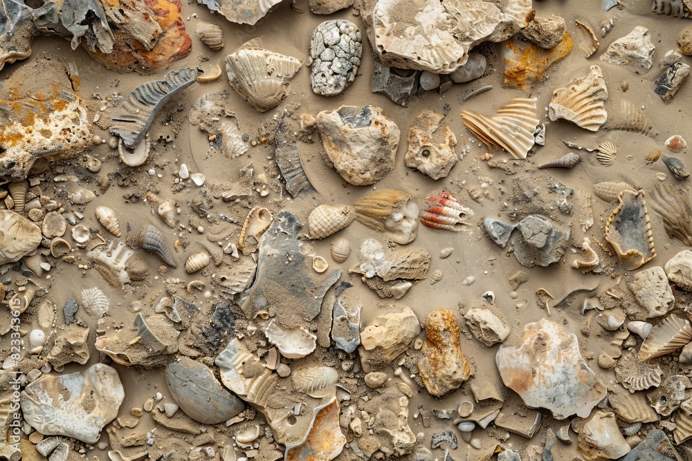 Aufkleber a close-up of various marine fossils preserved in sediment layers