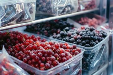 Many frozen berries in plastic bags, deep freeze red and black currants, iced fruits, healthy eating