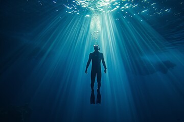 An image of a diver floating serenely underwater with sunbeams filtering through the ocean's surface