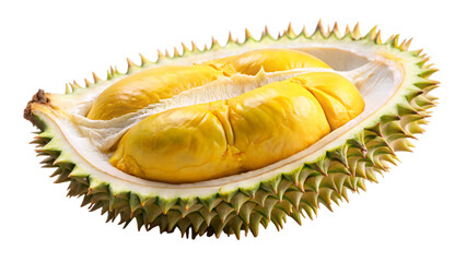 Obraz premium Fresh durian slices with their creamy yellow flesh on a white background