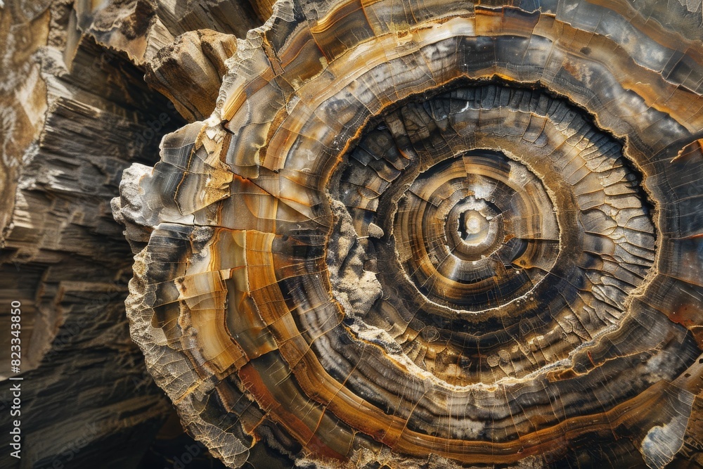 Poster detailed image of the circular patterns and rich colors in a cross-section of petrified wood