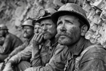 Obraz premium A monochrome image of coal miners with soot-covered faces looking fatigued and contemplative