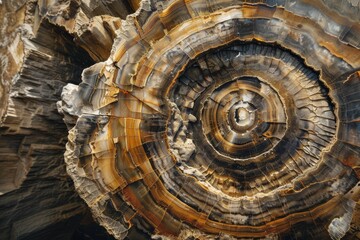 Detailed image of the circular patterns and rich colors in a cross-section of petrified wood
