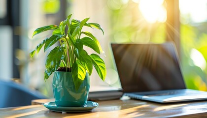 A green potted plant beside an open laptop in a bright modern office environment, illustrating productivity and nature, with space for text