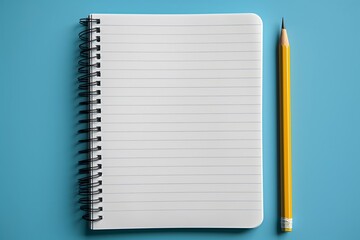 Blank spiral notebook with lined pages and a yellow pencil on a blue background, ideal for writing or note-taking - AI generated