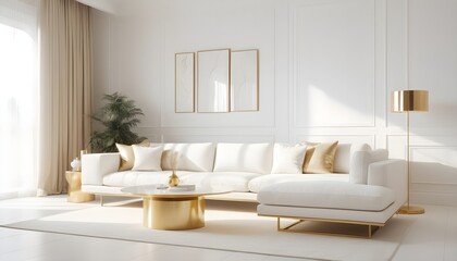 white and gold theme interior modern minimalism photo realism