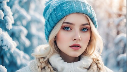 young blonde pretty girl winter fashion portrait on bright background