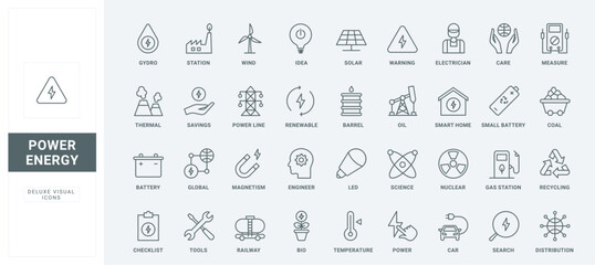 Symbols of hydroelectric and nuclear station, wind source and solar panel for electricity production, battery thin black and red outline vector illustration. Energy and power industry line icons set